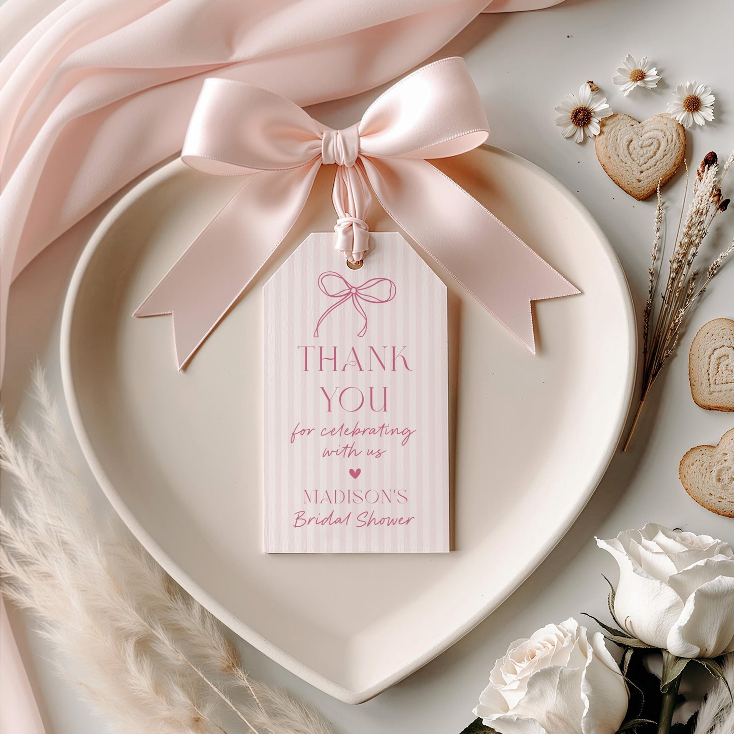 Pink Coquette Bow Bridal Shower Favor Tags Template, Pastel Pink Grandmillennial Theme Bridal Brunch, Whimsical Tying The Knot Bows WP1060