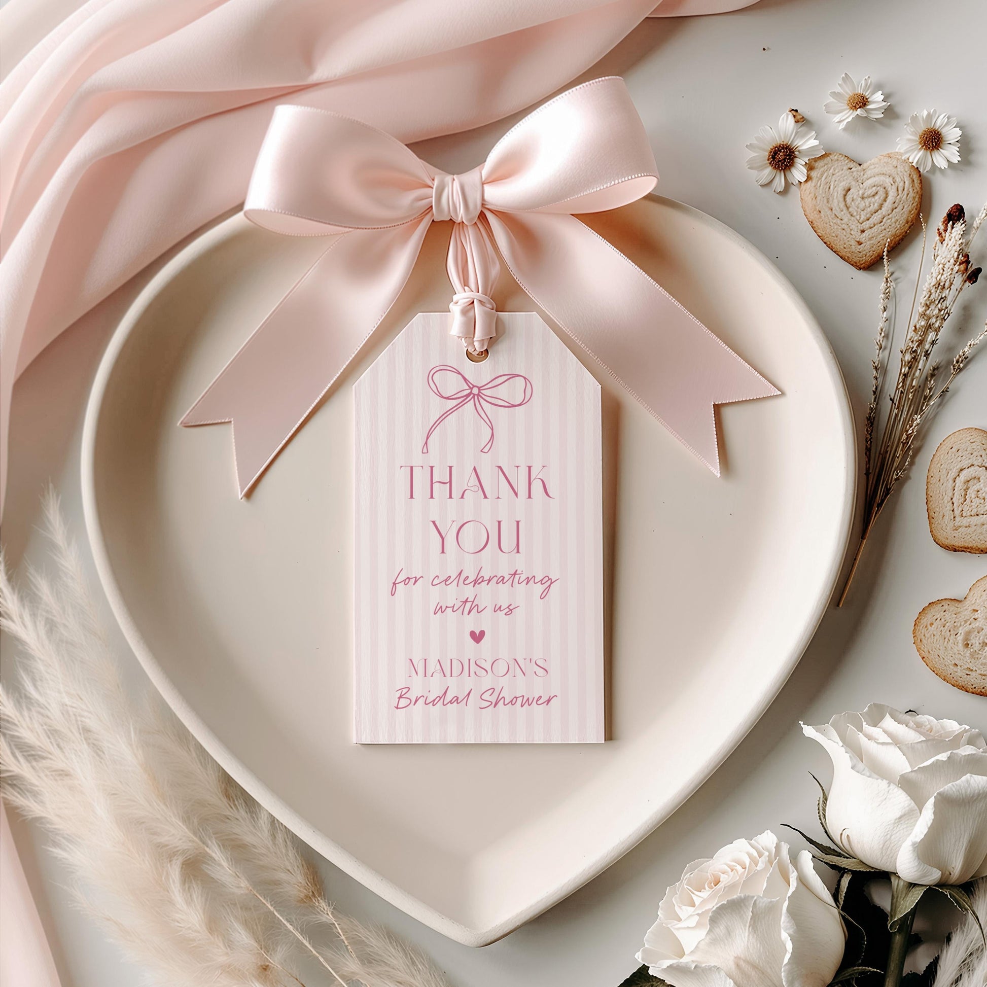 Pink Coquette Bow Bridal Shower Favor Tags Template, Pastel Pink Grandmillennial Theme Bridal Brunch, Whimsical Tying The Knot Bows WP1060