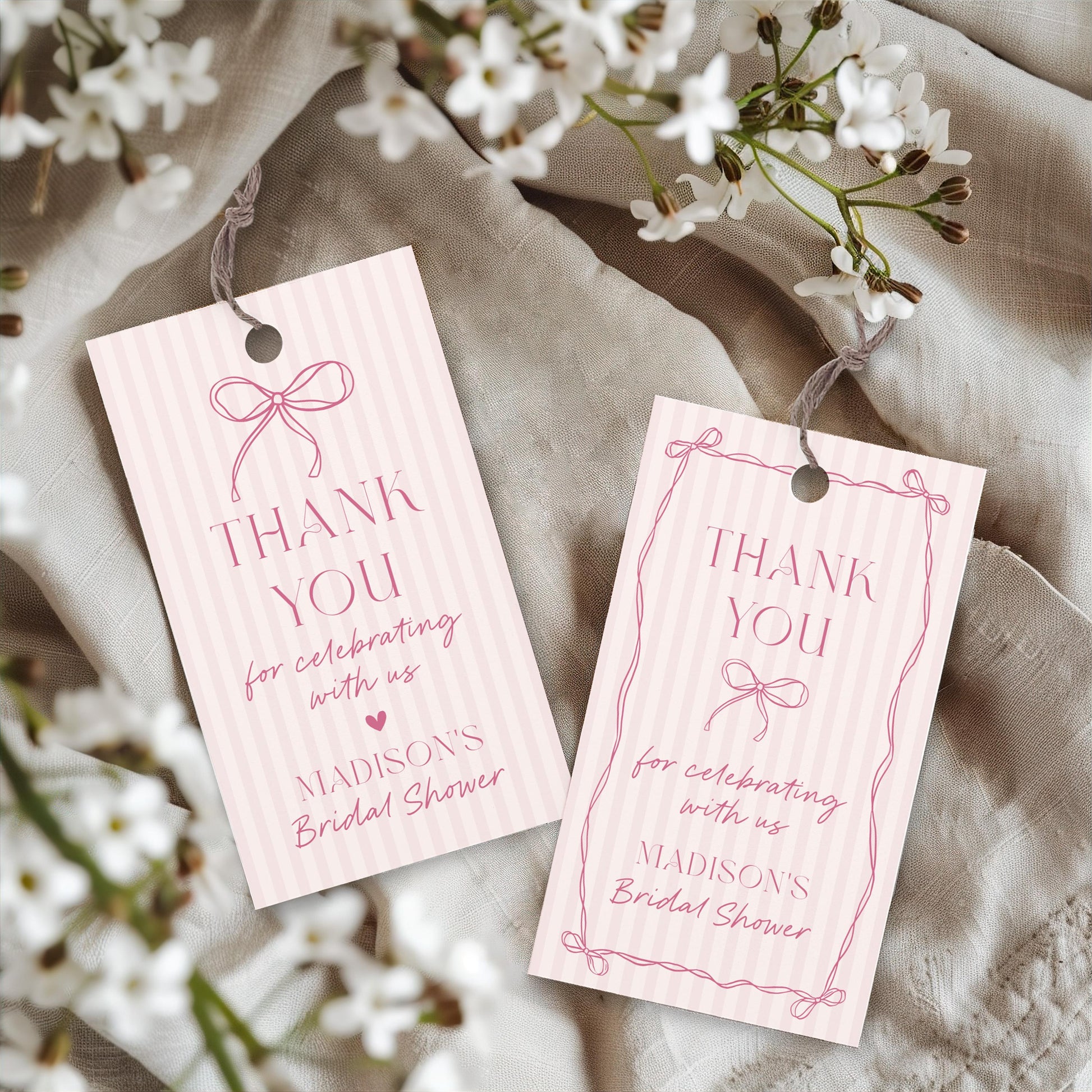 Pink Coquette Bow Bridal Shower Favor Tags Template, Pastel Pink Grandmillennial Theme Bridal Brunch, Whimsical Tying The Knot Bows WP1060