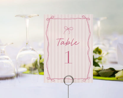 Pink Coquette Bow Table Number Cards Template, Pastel Pink Baby Shower Theme, Tying the Knot Bridal Shower, Whimsical Birthday Party WP1060