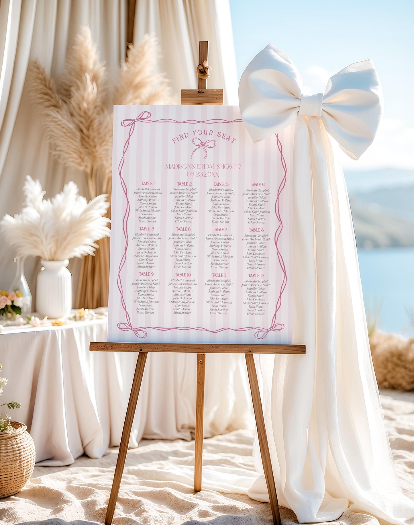 Pink Coquette Bow Seating Chart Cards Template, Pastel Pink Baby Shower Theme, Tying the Knot Bridal Shower, Whimsical Birthday Party WP1060