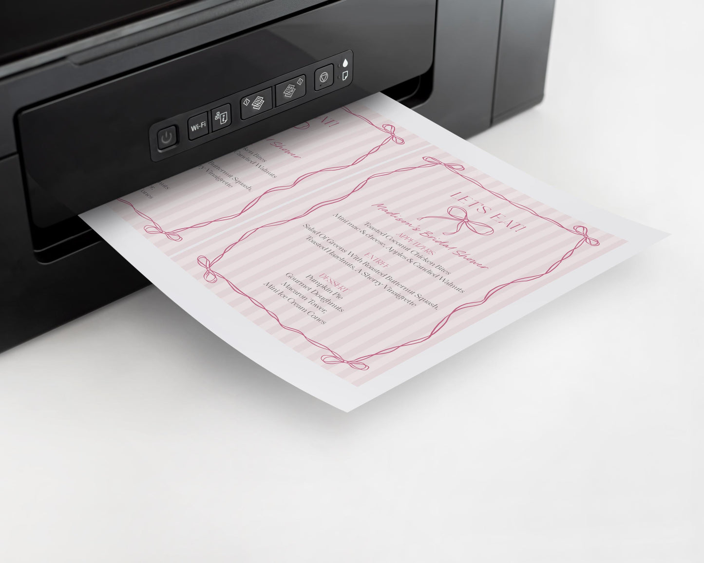 Pink Coquette Bow Menu Template, Pastel Pink Baby Shower Theme, Tying the Knot Bridal Shower, Whimsical Birthday Party DecorWP1060