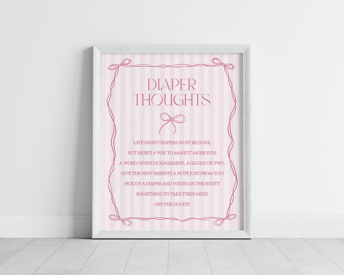 Pink Coquette Bow Baby Shower Diaper Thoughts Sign Template, Pastel Pink Grandmillennial Theme Baby Sprinkle Whimsical Hand Drawn Bow WP1060