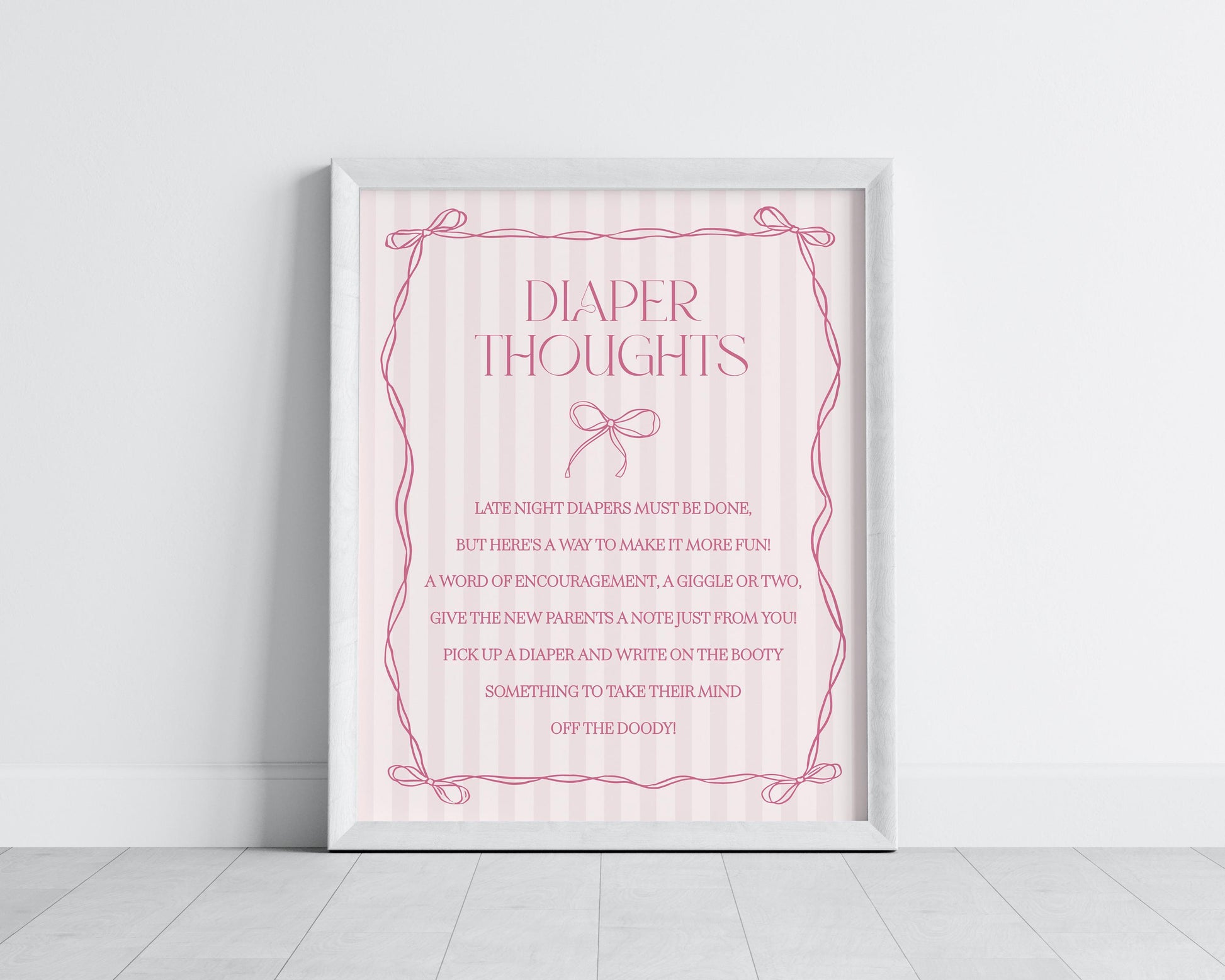 Pink Coquette Bow Baby Shower Diaper Thoughts Sign Template, Pastel Pink Grandmillennial Theme Baby Sprinkle Whimsical Hand Drawn Bow WP1060
