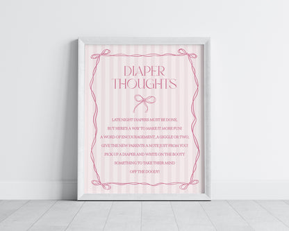 Pink Coquette Bow Baby Shower Diaper Thoughts Sign Template, Pastel Pink Grandmillennial Theme Baby Sprinkle Whimsical Hand Drawn Bow WP1060