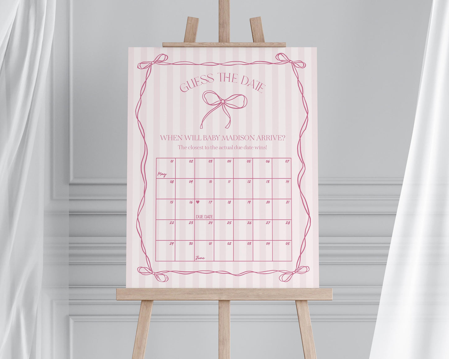 Pink Coquette Bow Baby Shower Guess the Date Game Template, Pastel Pink Grandmillennial Theme Baby Sprinkle Whimsical Hand Drawn Bows WP1060