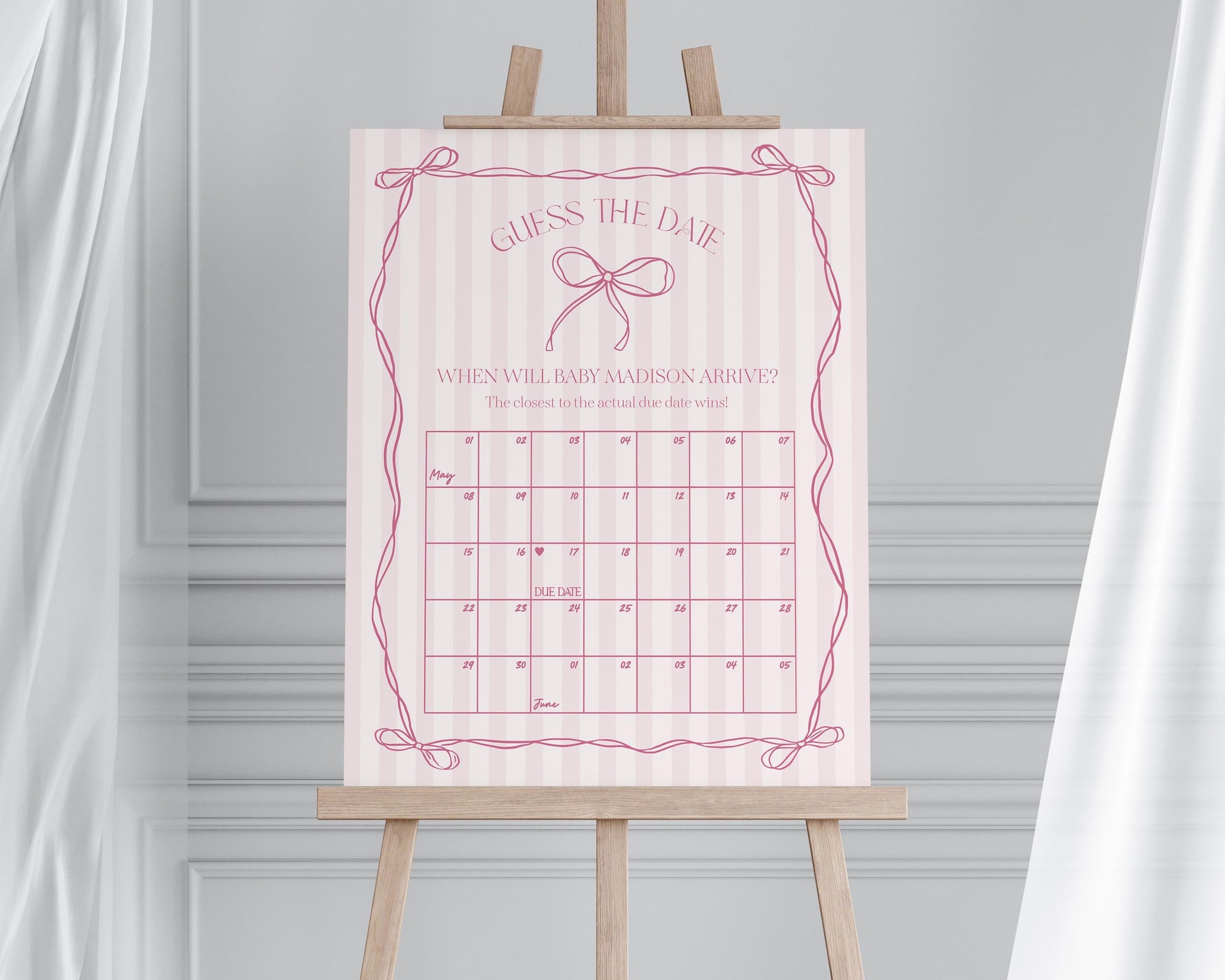 Pink Coquette Bow Baby Shower Guess the Date Game Template, Pastel Pink Grandmillennial Theme Baby Sprinkle Whimsical Hand Drawn Bows WP1060