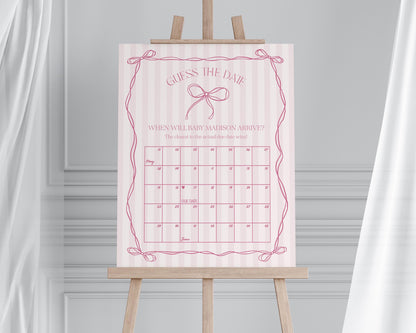 Pink Coquette Bow Baby Shower Guess the Date Game Template, Pastel Pink Grandmillennial Theme Baby Sprinkle Whimsical Hand Drawn Bows WP1060