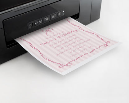 Pink Coquette Bow Time Capsule Template, Pastel Pink Grandmillennial Theme 1st Birthday Party with Whimsical Hand Drawn Bows WP1060