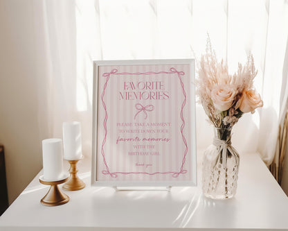 Pink Coquette Bow Favorite Memories Birthday Girl Template, Pastel Pink Grandmillennial Theme Birthday Party Whimsical Hand Drawn Bow WP1060