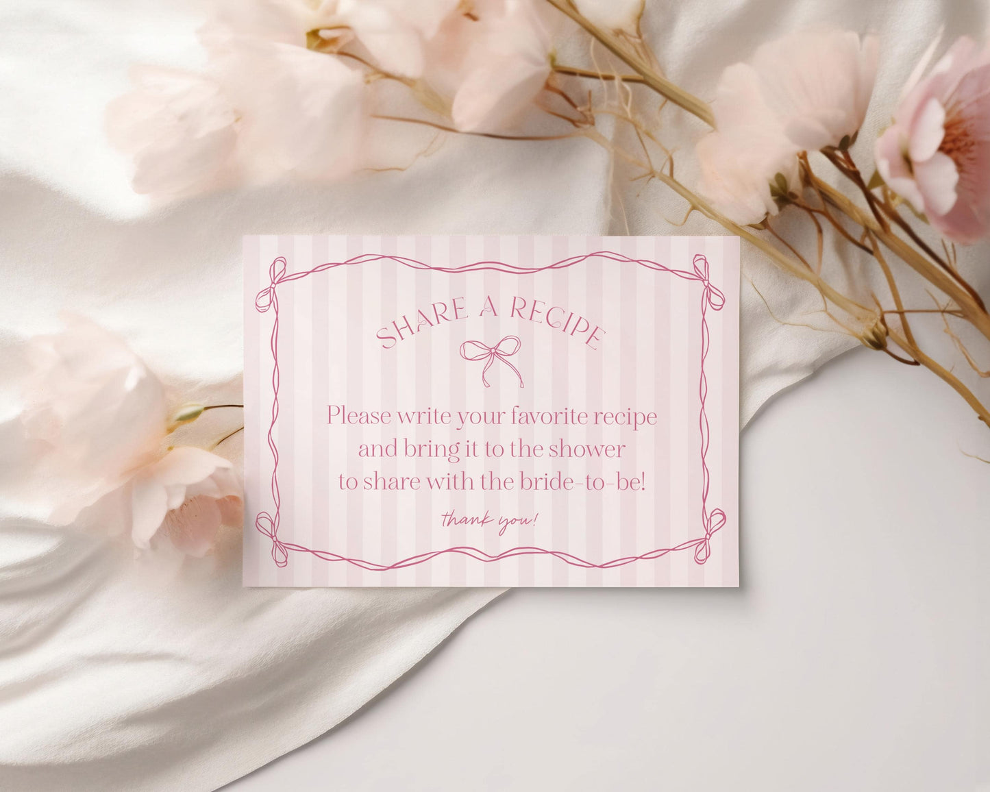 Pink Coquette Bow Recipe Card Template for Bridal Shower, Pastel Pink Grandmillennial Theme Bridal Brunch with Tying The Knot Bows WP1060