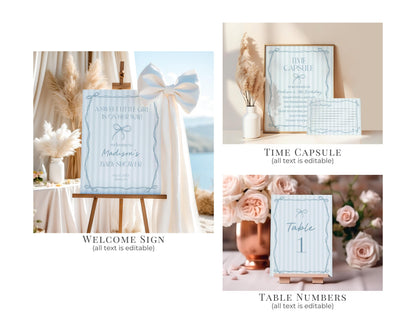 Blue Coquette Bow Baby Shower Bundle Template, Pastel Blue Grandmillennial Theme Baby Sprinkle with Whimsical Hand Drawn Bows WP1061