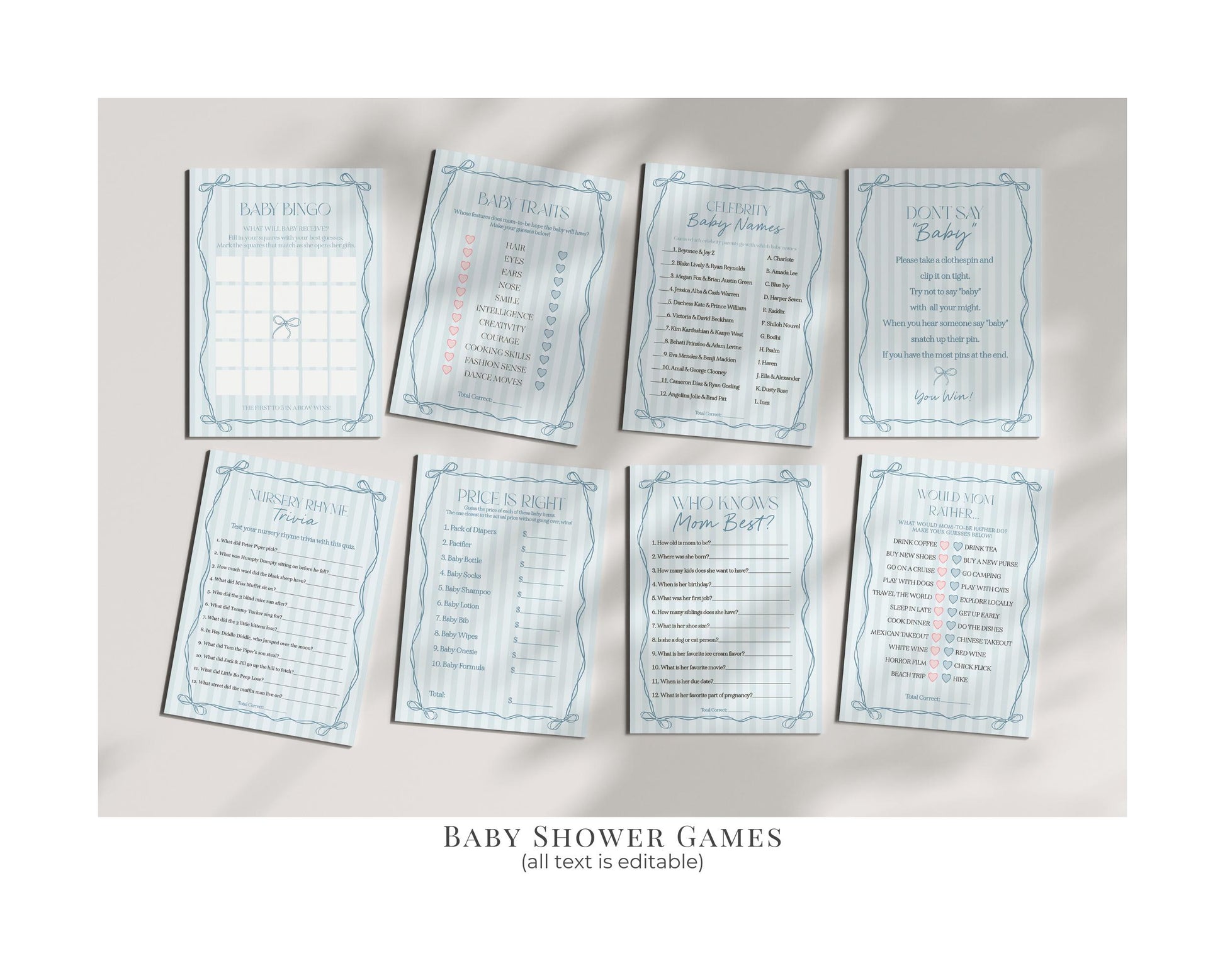 Blue Coquette Bow Baby Shower Bundle Template, Pastel Blue Grandmillennial Theme Baby Sprinkle with Whimsical Hand Drawn Bows WP1061