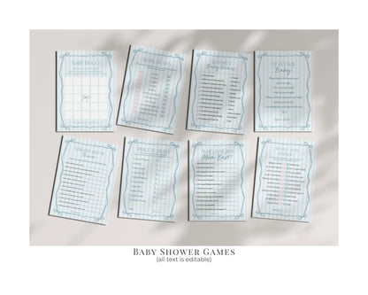 Blue Coquette Bow Baby Shower Bundle Template, Pastel Blue Grandmillennial Theme Baby Sprinkle with Whimsical Hand Drawn Bows WP1061