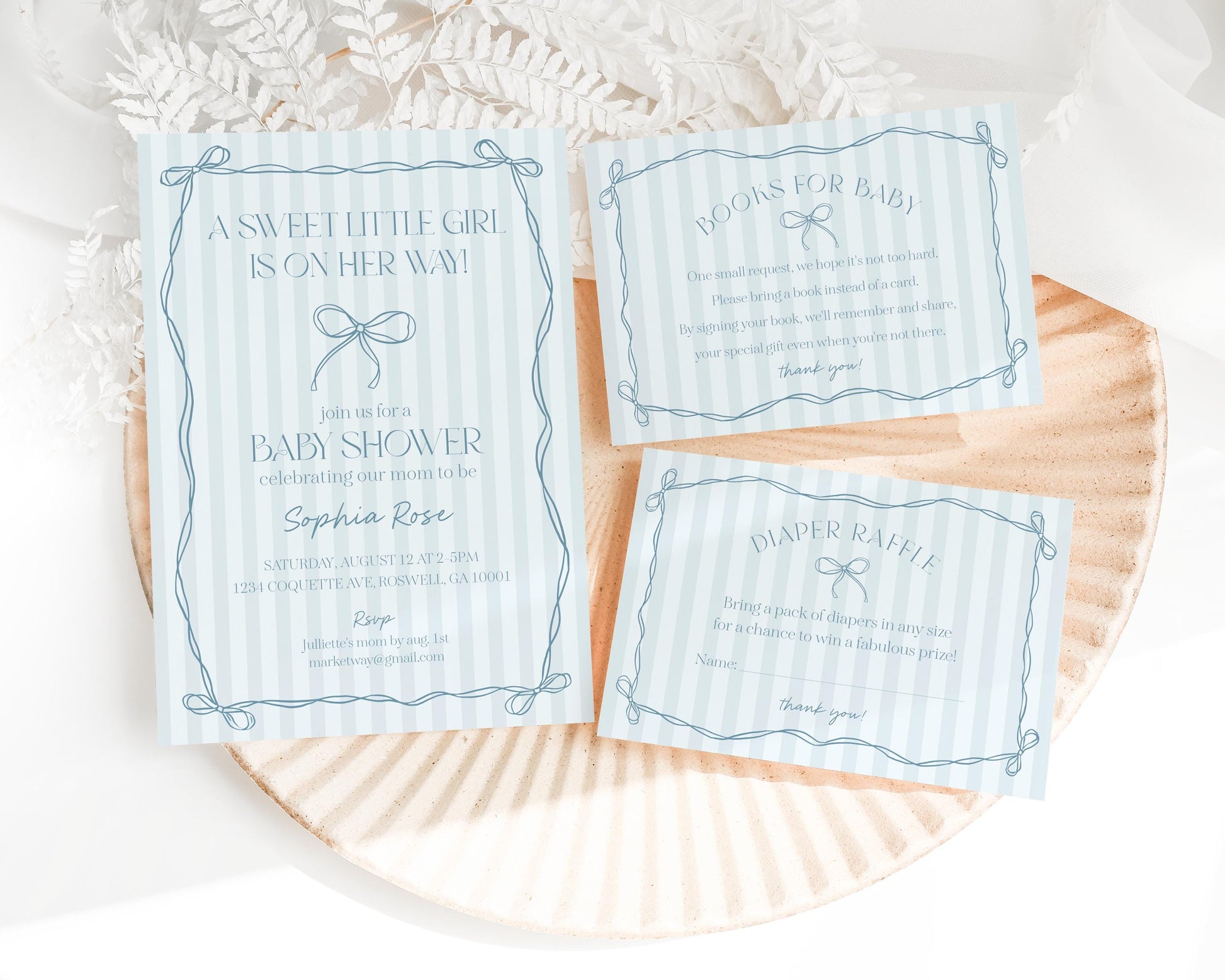 Blue Coquette Bow Baby Shower Bundle Template, Pastel Blue Grandmillennial Theme Baby Sprinkle with Whimsical Hand Drawn Bows WP1061
