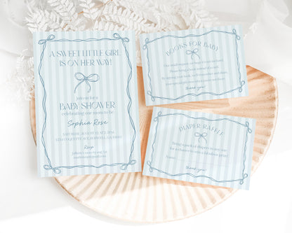 Blue Coquette Bow Baby Shower Bundle Template, Pastel Blue Grandmillennial Theme Baby Sprinkle with Whimsical Hand Drawn Bows WP1061