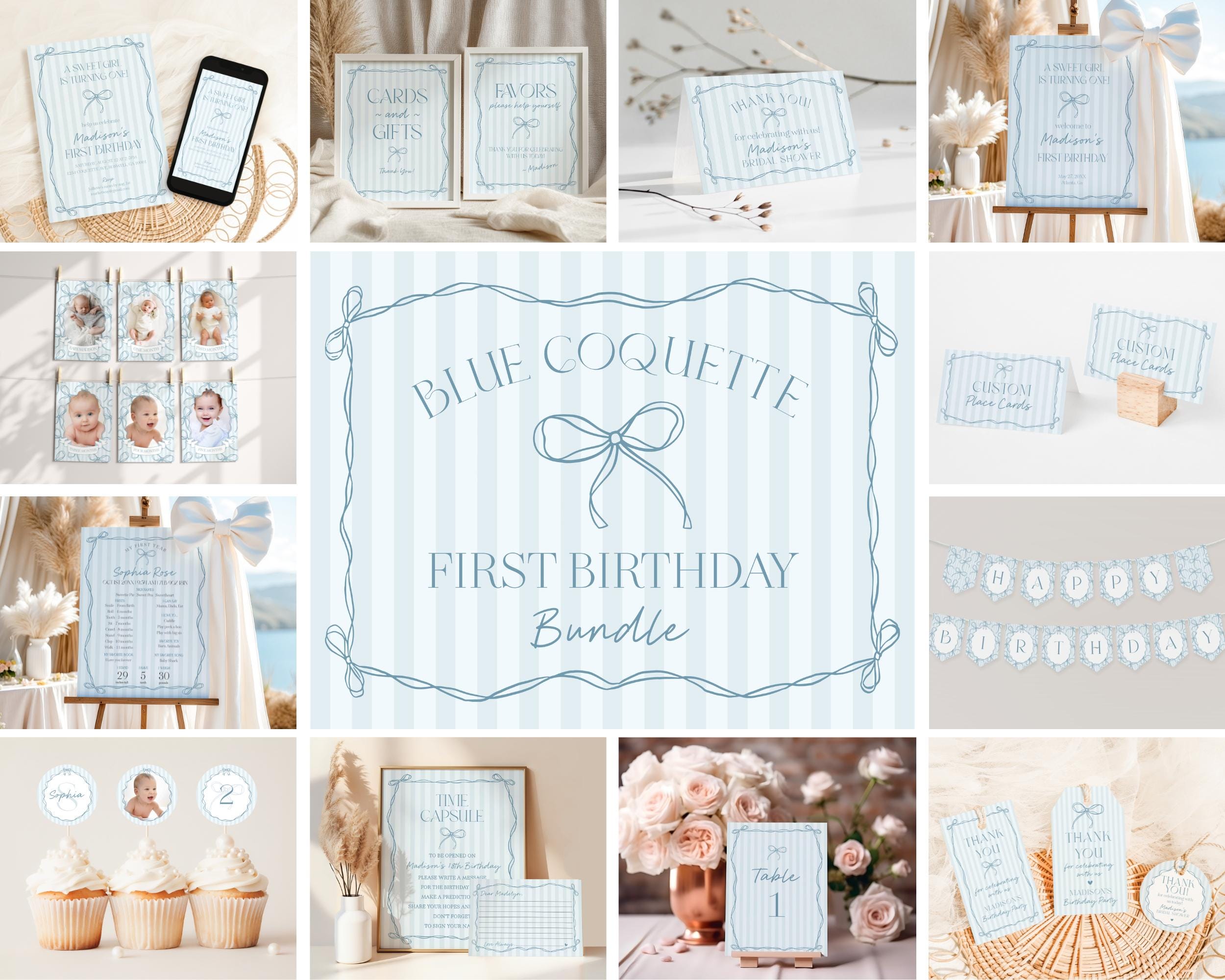 Blue Coquette Bow First Birthday Bundle Template, Pastel Blue Grandmillennial Theme 1st Birthday Party with Whimsical Hand Drawn Bows WP1061