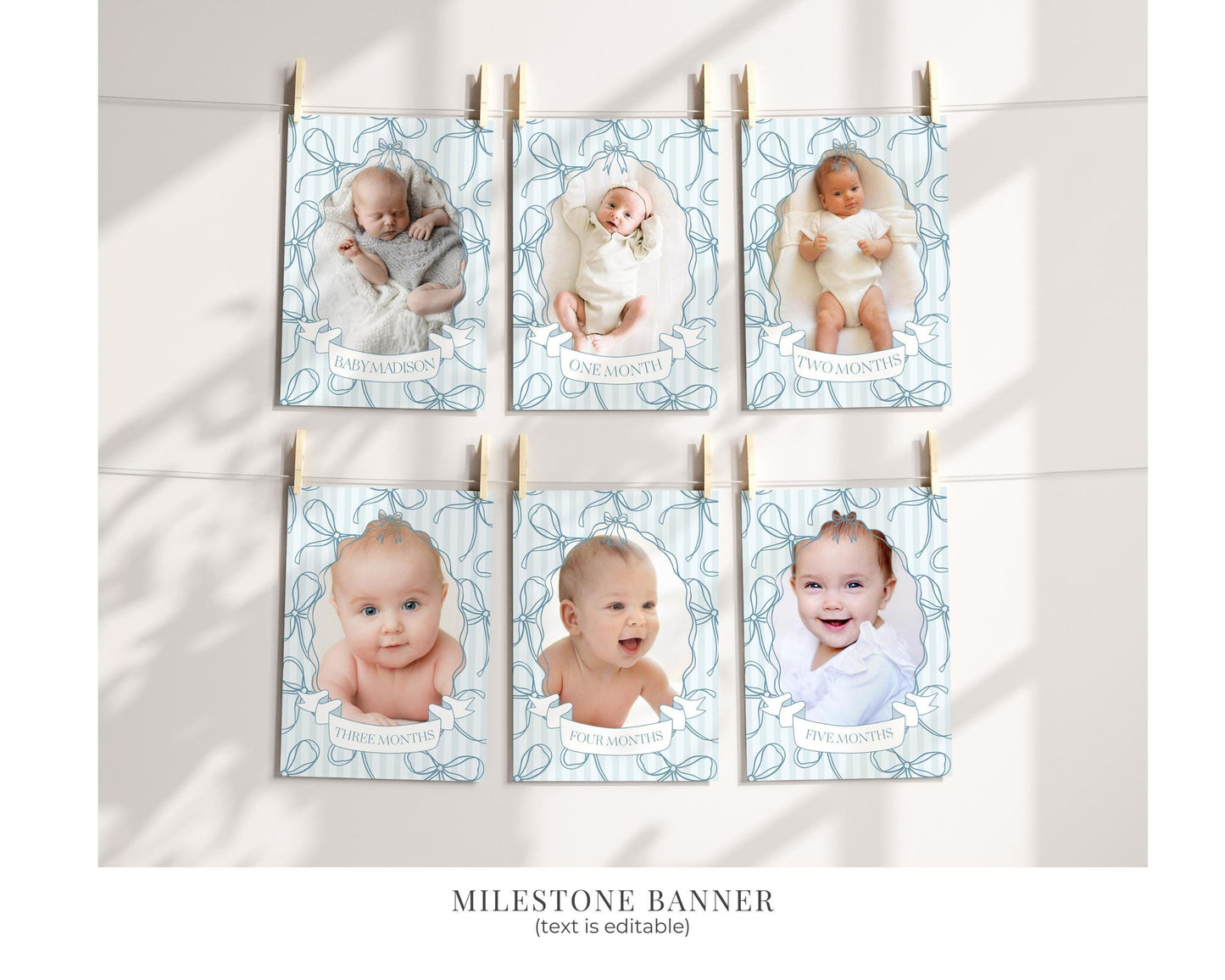 Blue Coquette Bow First Birthday Bundle Template, Pastel Blue Grandmillennial Theme 1st Birthday Party with Whimsical Hand Drawn Bows WP1061