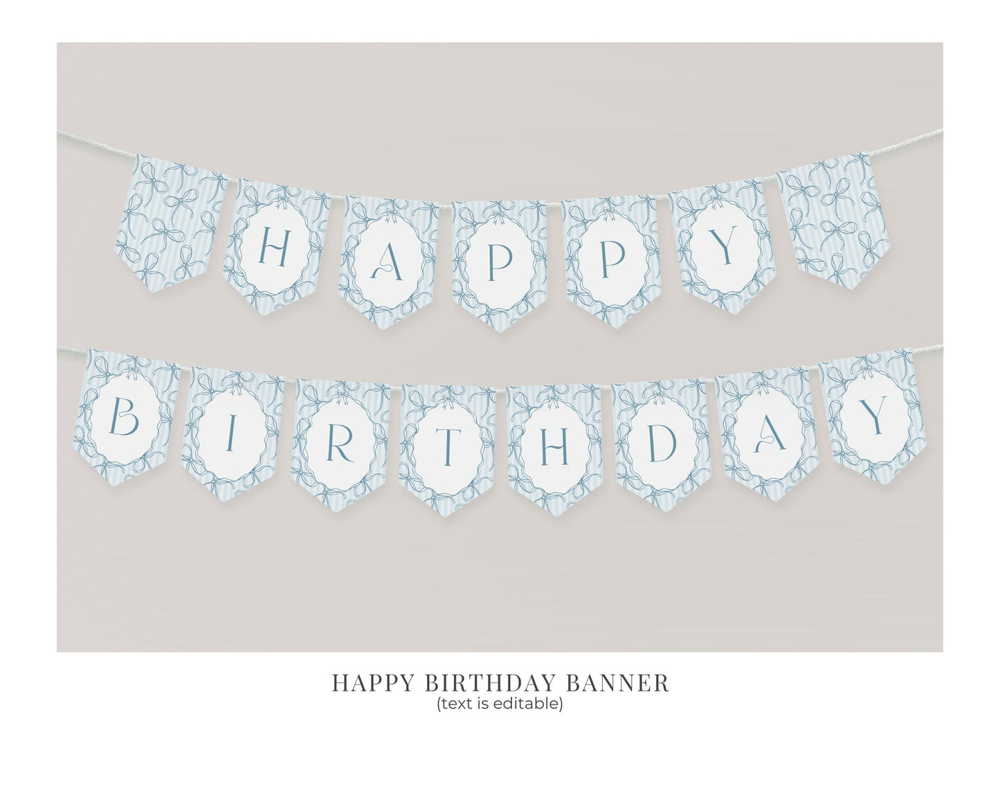 Blue Coquette Bow First Birthday Bundle Template, Pastel Blue Grandmillennial Theme 1st Birthday Party with Whimsical Hand Drawn Bows WP1061
