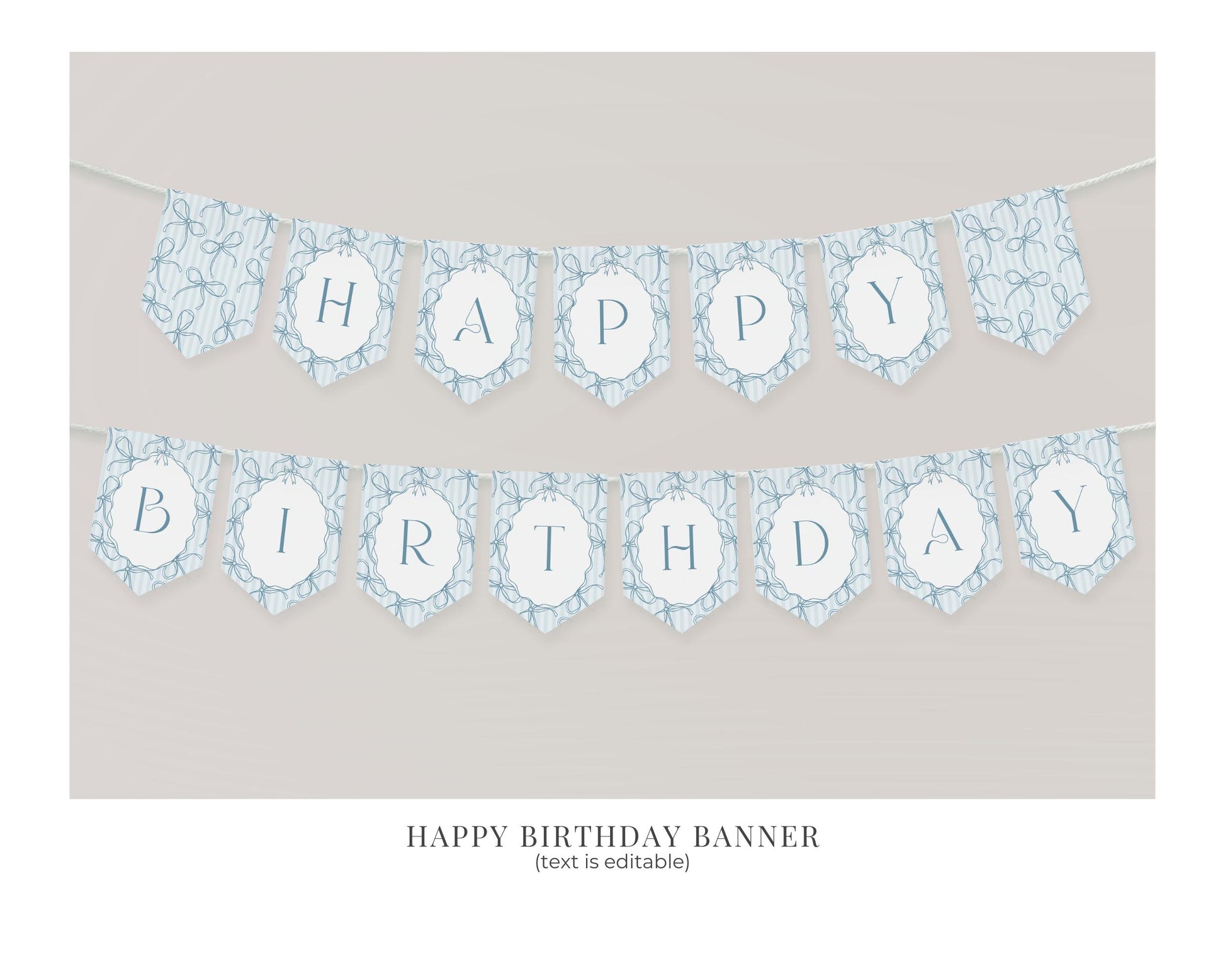 Blue Coquette Bow First Birthday Bundle Template, Pastel Blue Grandmillennial Theme 1st Birthday Party with Whimsical Hand Drawn Bows WP1061