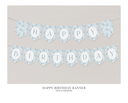 Blue Coquette Bow First Birthday Bundle Template, Pastel Blue Grandmillennial Theme 1st Birthday Party with Whimsical Hand Drawn Bows WP1061