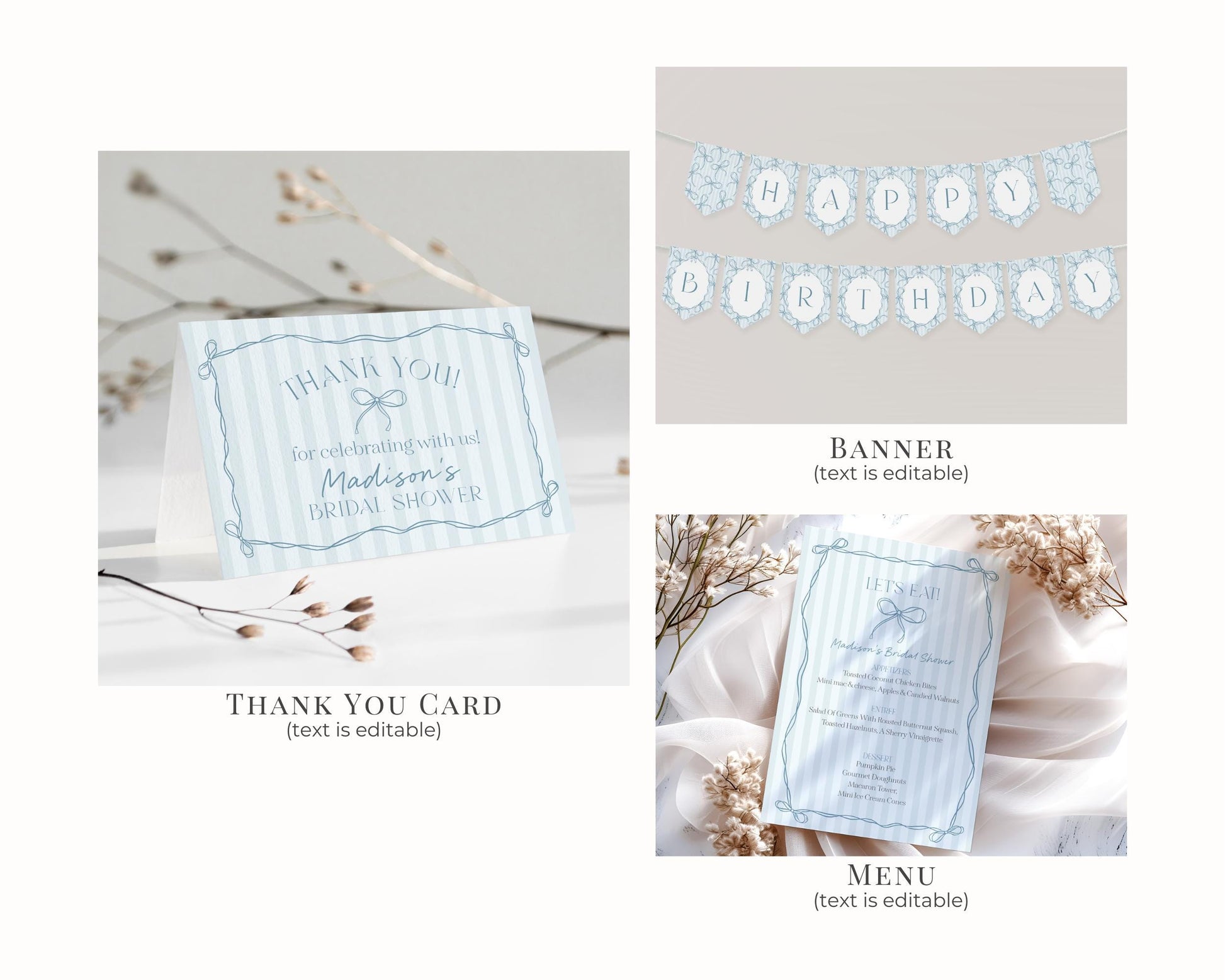 Blue Coquette Bow Birthday Bundle Template, Pastel Blue Grandmillennial Theme Birthday Party with Whimsical Hand Drawn Bows WP1061