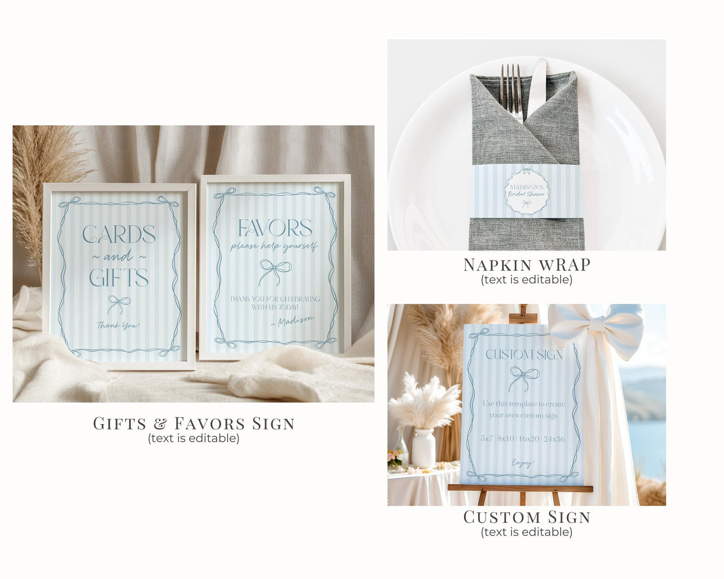 Blue Coquette Bow Birthday Bundle Template, Pastel Blue Grandmillennial Theme Birthday Party with Whimsical Hand Drawn Bows WP1061