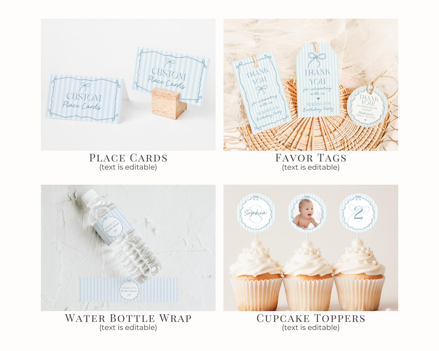 Blue Coquette Bow Birthday Bundle Template, Pastel Blue Grandmillennial Theme Birthday Party with Whimsical Hand Drawn Bows WP1061