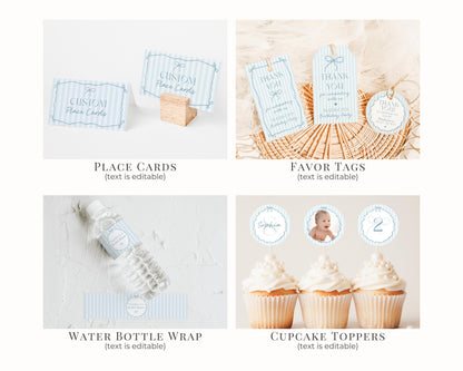 Blue Coquette Bow Birthday Bundle Template, Pastel Blue Grandmillennial Theme Birthday Party with Whimsical Hand Drawn Bows WP1061