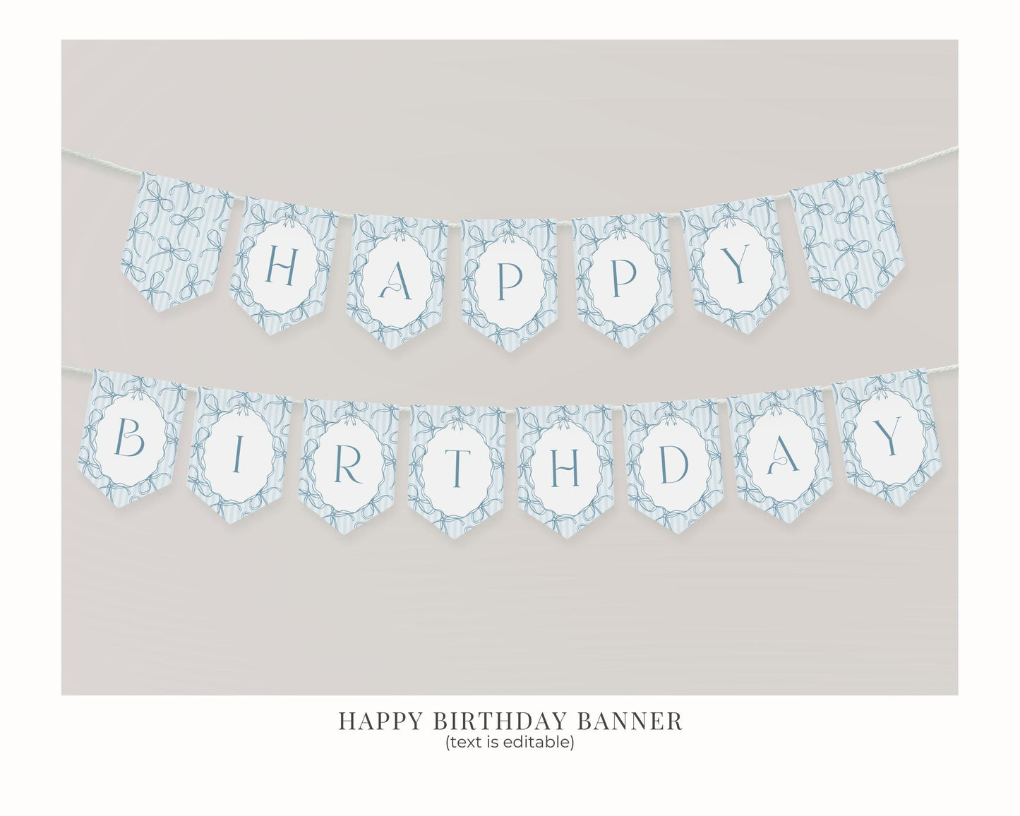 Blue Coquette Bow Birthday Bundle Template, Pastel Blue Grandmillennial Theme Birthday Party with Whimsical Hand Drawn Bows WP1061