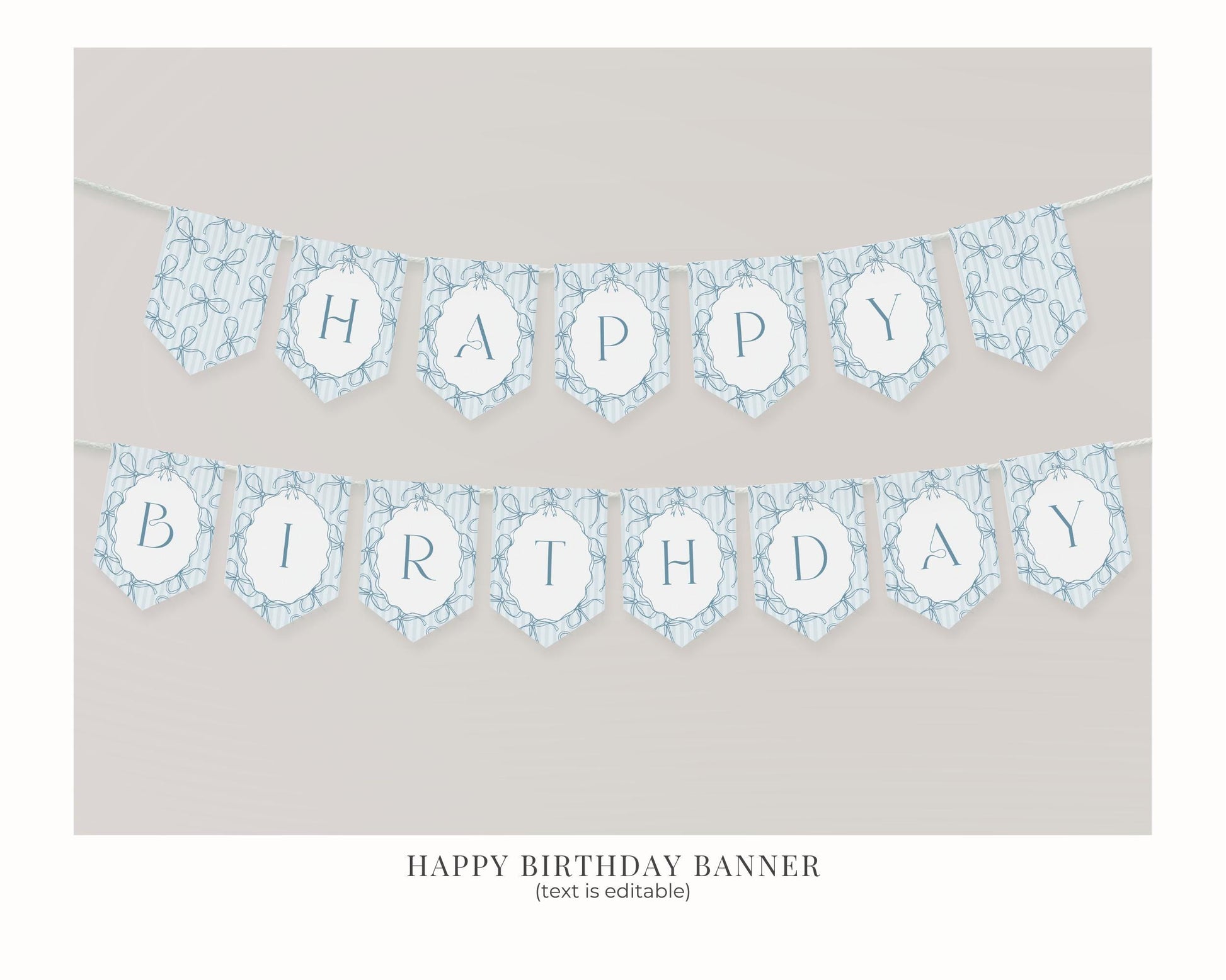 Blue Coquette Bow Birthday Bundle Template, Pastel Blue Grandmillennial Theme Birthday Party with Whimsical Hand Drawn Bows WP1061