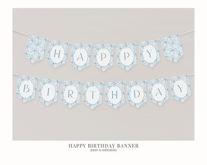 Blue Coquette Bow Birthday Bundle Template, Pastel Blue Grandmillennial Theme Birthday Party with Whimsical Hand Drawn Bows WP1061