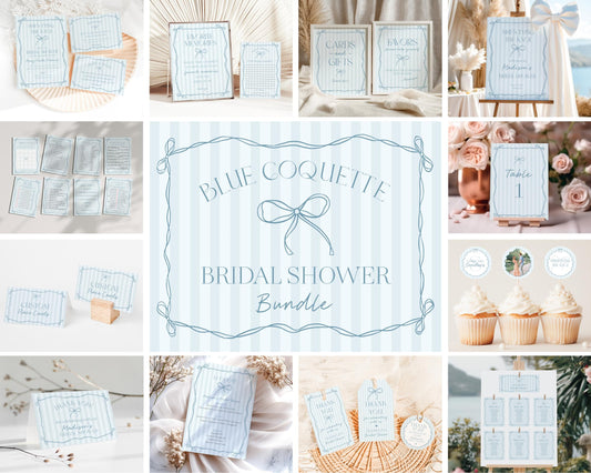 Blue Coquette Bow Bridal Shower Bundle Template, Pastel Something Blue Before I Do Bridal Brunch with Whimsical Tying The Knot Bows WP1061