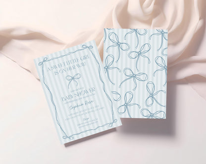 Blue Coquette Bow Baby Shower Invitation Template, Pastel Blue Grandmillennial Theme Baby Sprinkle with Whimsical Hand Drawn Bows WP1061