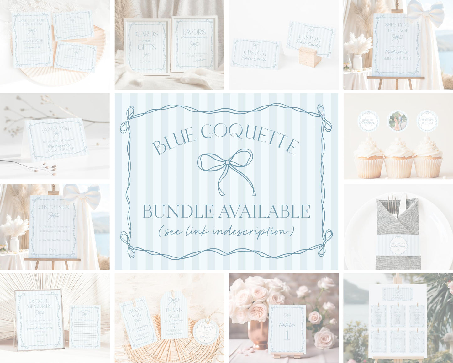 Blue Coquette Bow Birthday Invitation Template, Pastel Blue Grandmillennial Theme 1st Birthday Party with Whimsical Hand Drawn Bows WP1061