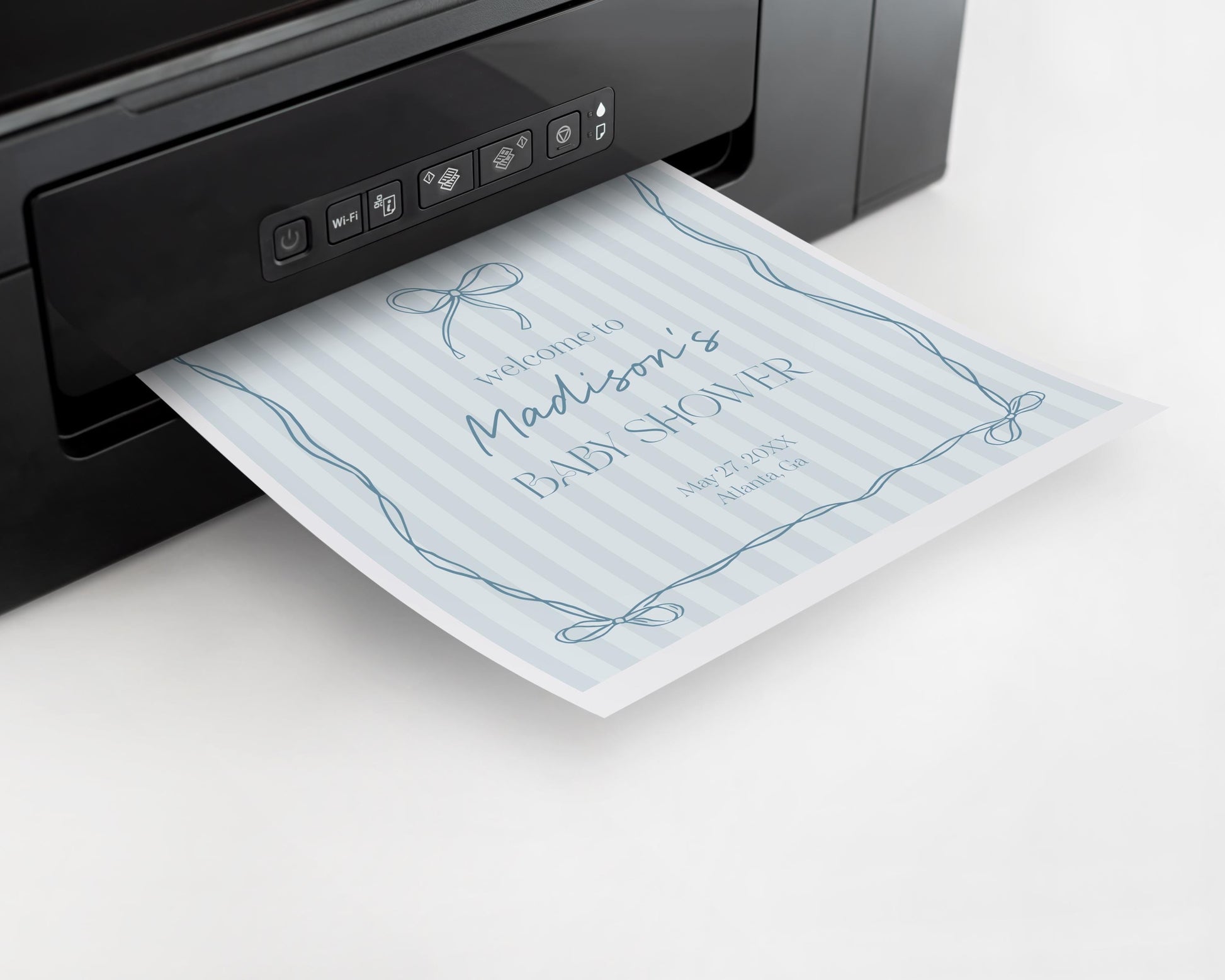 Blue Coquette Bow Baby Shower Welcome Sign Template, Pastel Blue Grandmillennial Theme Baby Sprinkle with Whimsical Hand Drawn Bows WP1061