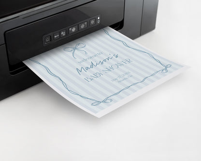 Blue Coquette Bow Baby Shower Welcome Sign Template, Pastel Blue Grandmillennial Theme Baby Sprinkle with Whimsical Hand Drawn Bows WP1061