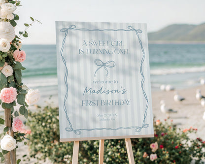 Blue Coquette Bow Birthday Welcome Sign Template, Pastel Blue Grandmillennial Theme 1st Birthday Party with Whimsical Hand Drawn Bows WP1061