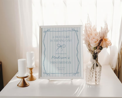 Blue Coquette Bow Birthday Welcome Sign Template, Pastel Blue Grandmillennial Theme 1st Birthday Party with Whimsical Hand Drawn Bows WP1061