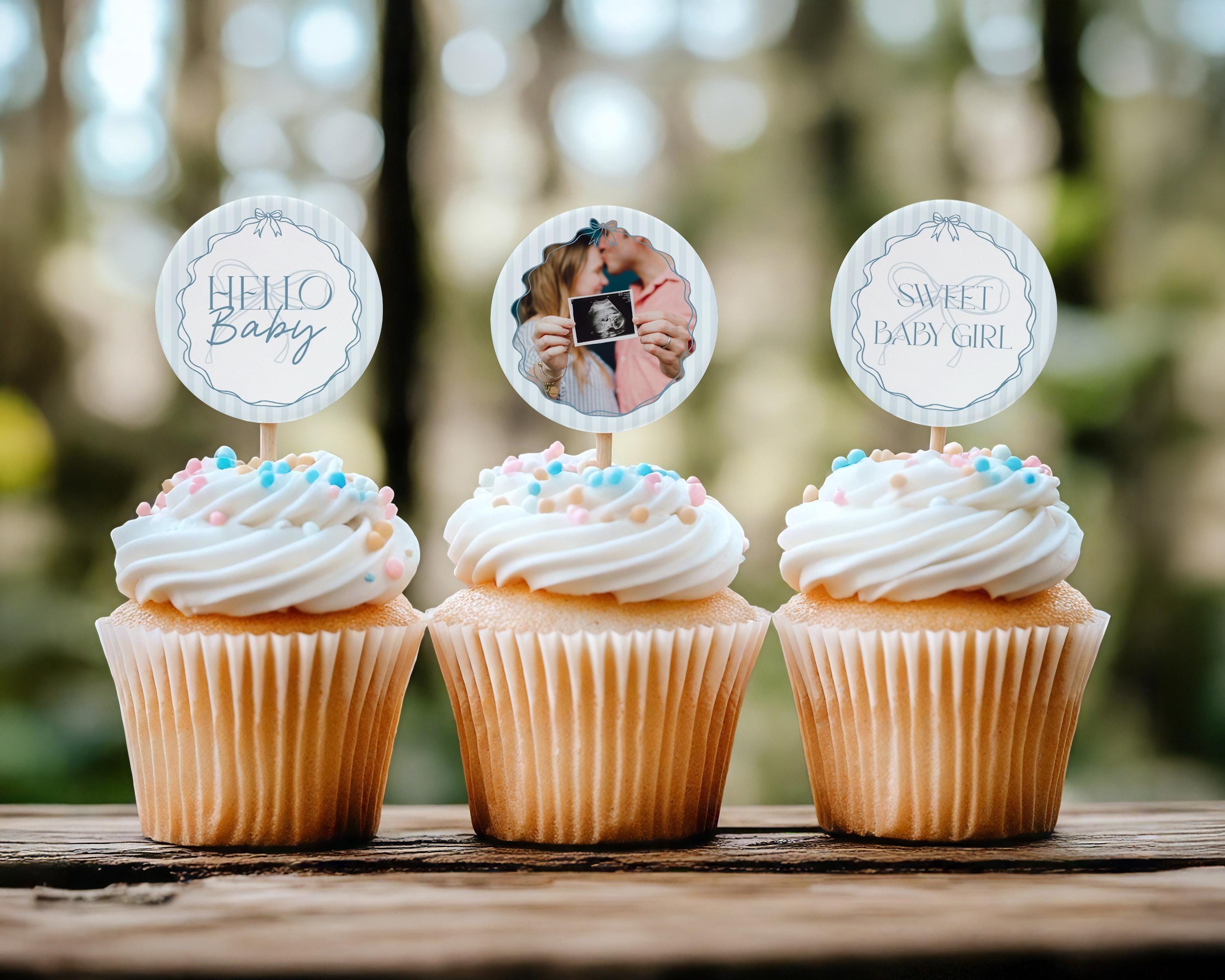 Blue Coquette Bow Baby Shower Cupcake Toppers Template, Pastel Blue Grandmillennial Theme Baby Sprinkle with Whimsical Hand Drawn Bow WP1061