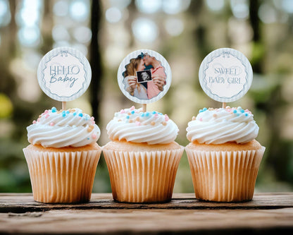 Blue Coquette Bow Baby Shower Cupcake Toppers Template, Pastel Blue Grandmillennial Theme Baby Sprinkle with Whimsical Hand Drawn Bow WP1061