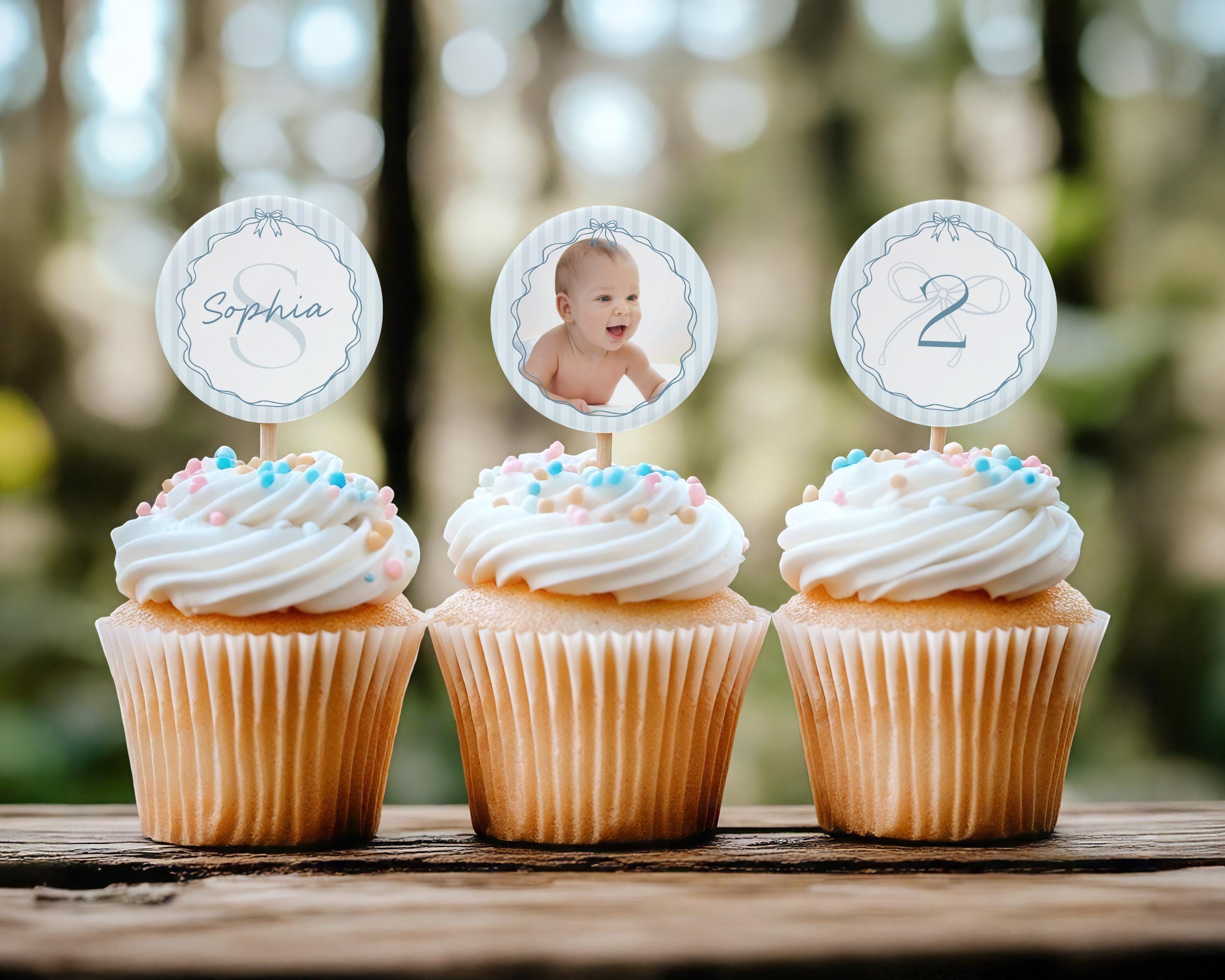 Blue Coquette Bow Birthday Party Cupcake Toppers Template, Pastel Blue Grandmillennial Theme Birthday with Whimsical Hand Drawn Bows WP1061
