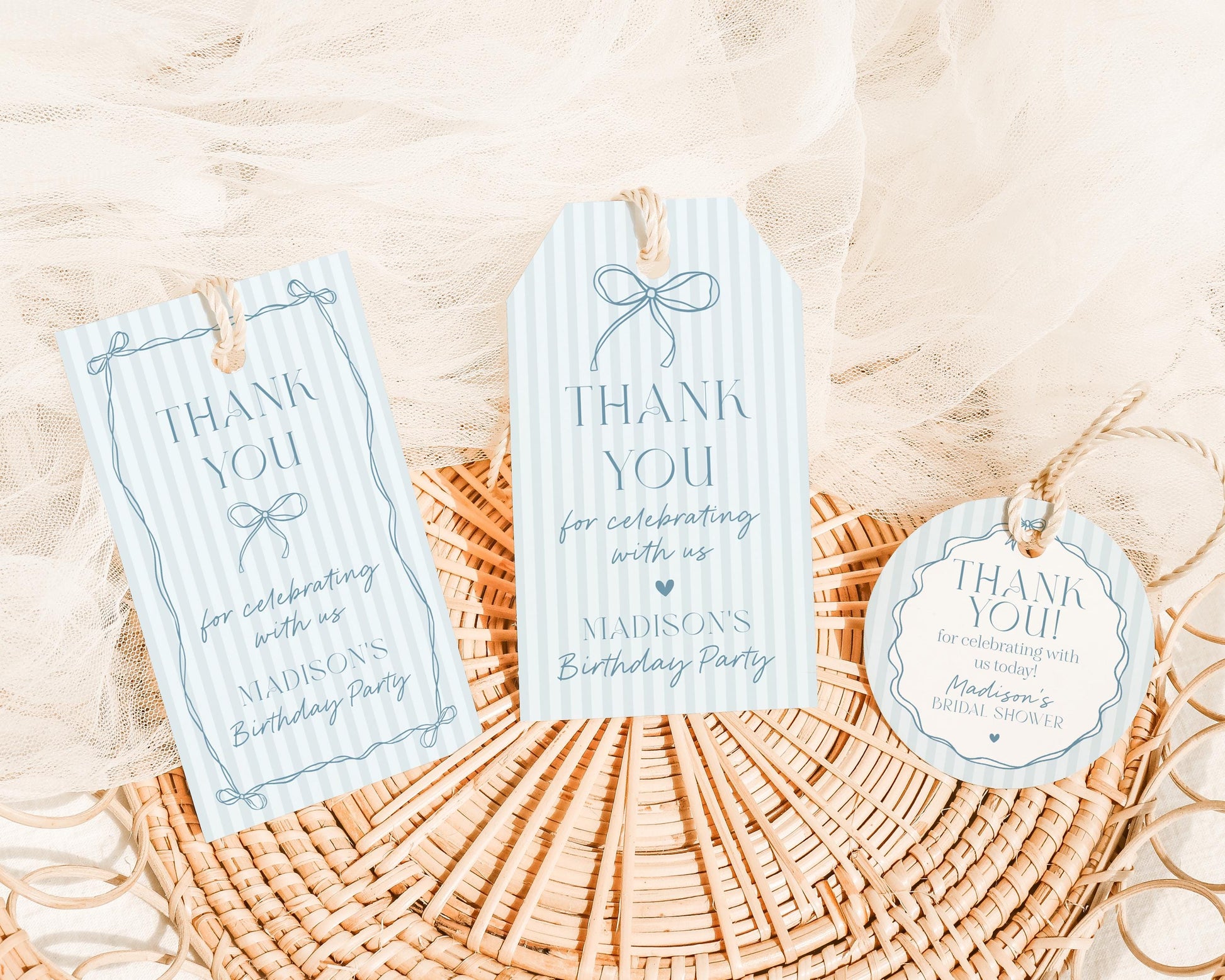 Blue Coquette Bow Birthday Party Favor Tags Template, Pastel Blue Grandmillennial Theme 1st Birthday Party, Whimsical Hand Drawn Bows WP1061