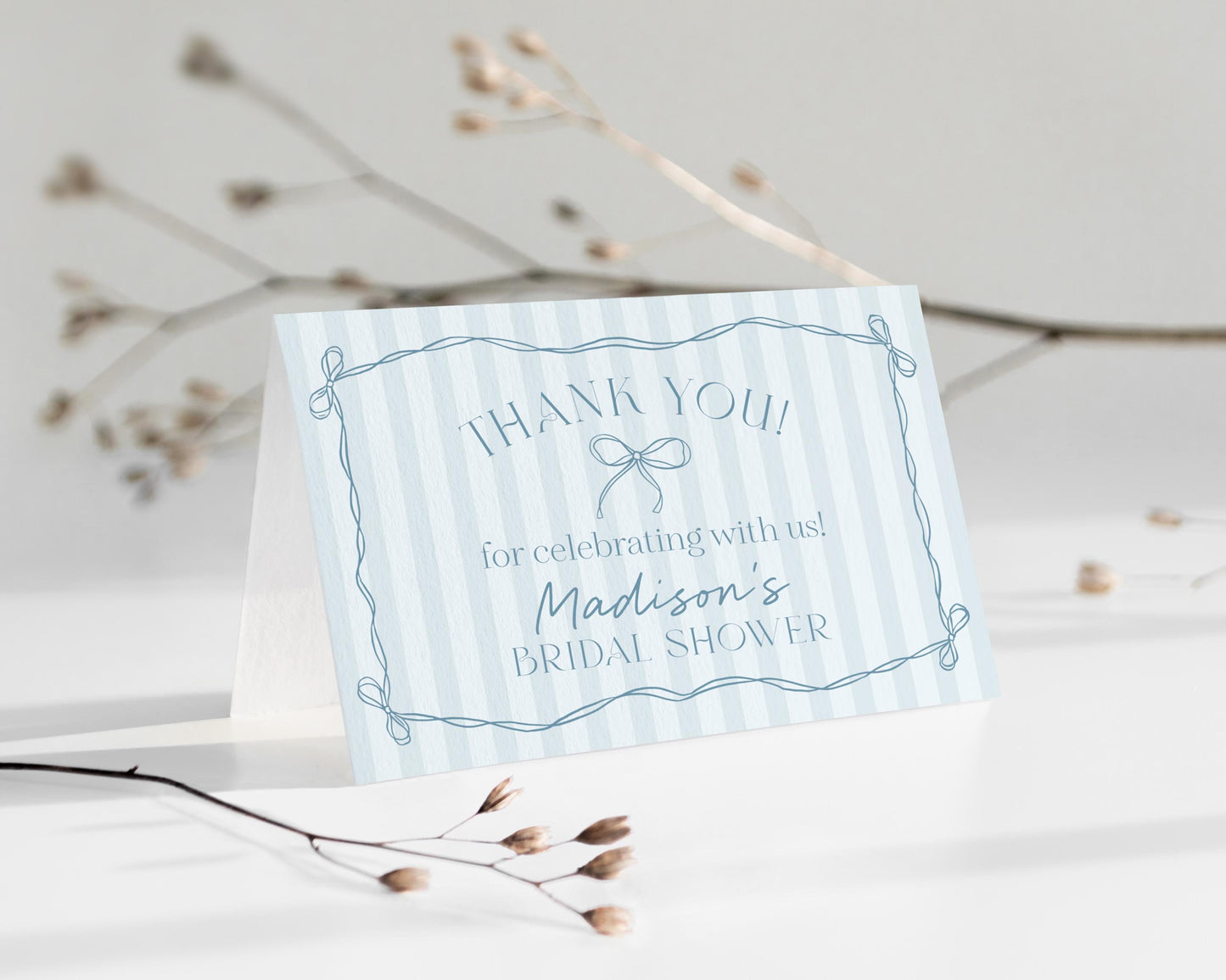 Blue Coquette Bow Thank You Card Template, Pastel Blue Baby Shower Theme, Something Blue Before I Do Tying the Knot Bridal Shower WP1061