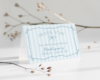 Blue Coquette Bow Thank You Card Template, Pastel Blue Baby Shower Theme, Something Blue Before I Do Tying the Knot Bridal Shower WP1061