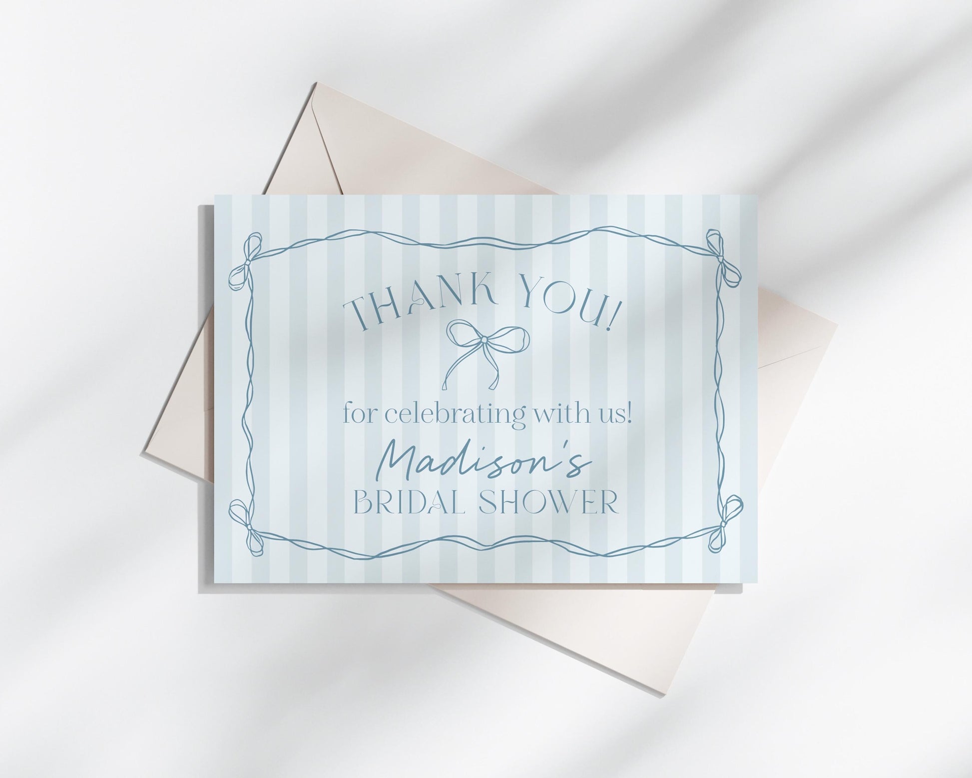 Blue Coquette Bow Thank You Card Template, Pastel Blue Baby Shower Theme, Something Blue Before I Do Tying the Knot Bridal Shower WP1061