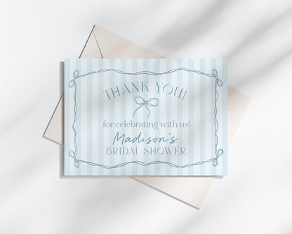 Blue Coquette Bow Thank You Card Template, Pastel Blue Baby Shower Theme, Something Blue Before I Do Tying the Knot Bridal Shower WP1061