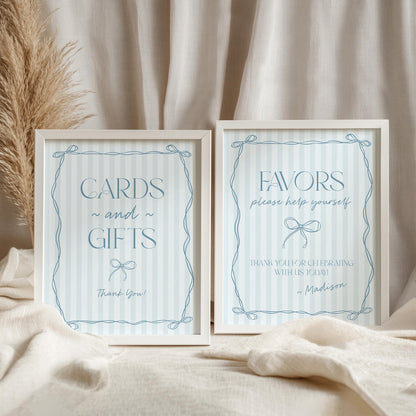 Blue Coquette Bow Cards & Gifts Favors Sign Template, Pastel Blue Baby Shower Something Blue Before I Do Tying the Knot Bridal Shower WP1061