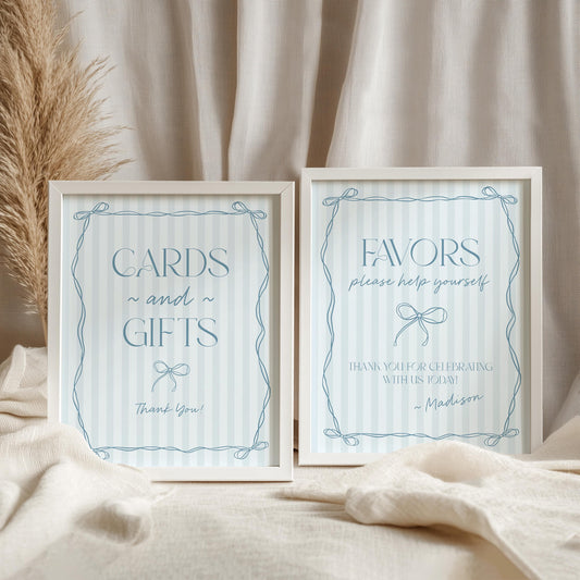 Blue Coquette Bow Cards & Gifts Favors Sign Template, Pastel Blue Baby Shower Something Blue Before I Do Tying the Knot Bridal Shower WP1061