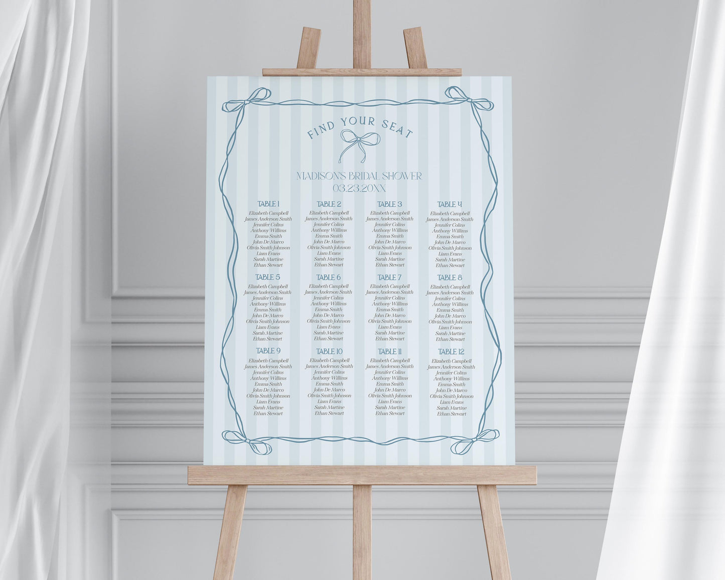 Blue Coquette Bow Seating Chart Cards Template, Pastel Blue Baby Shower Theme Something Blue Before I Do Tying the Knot Bridal Shower WP1061